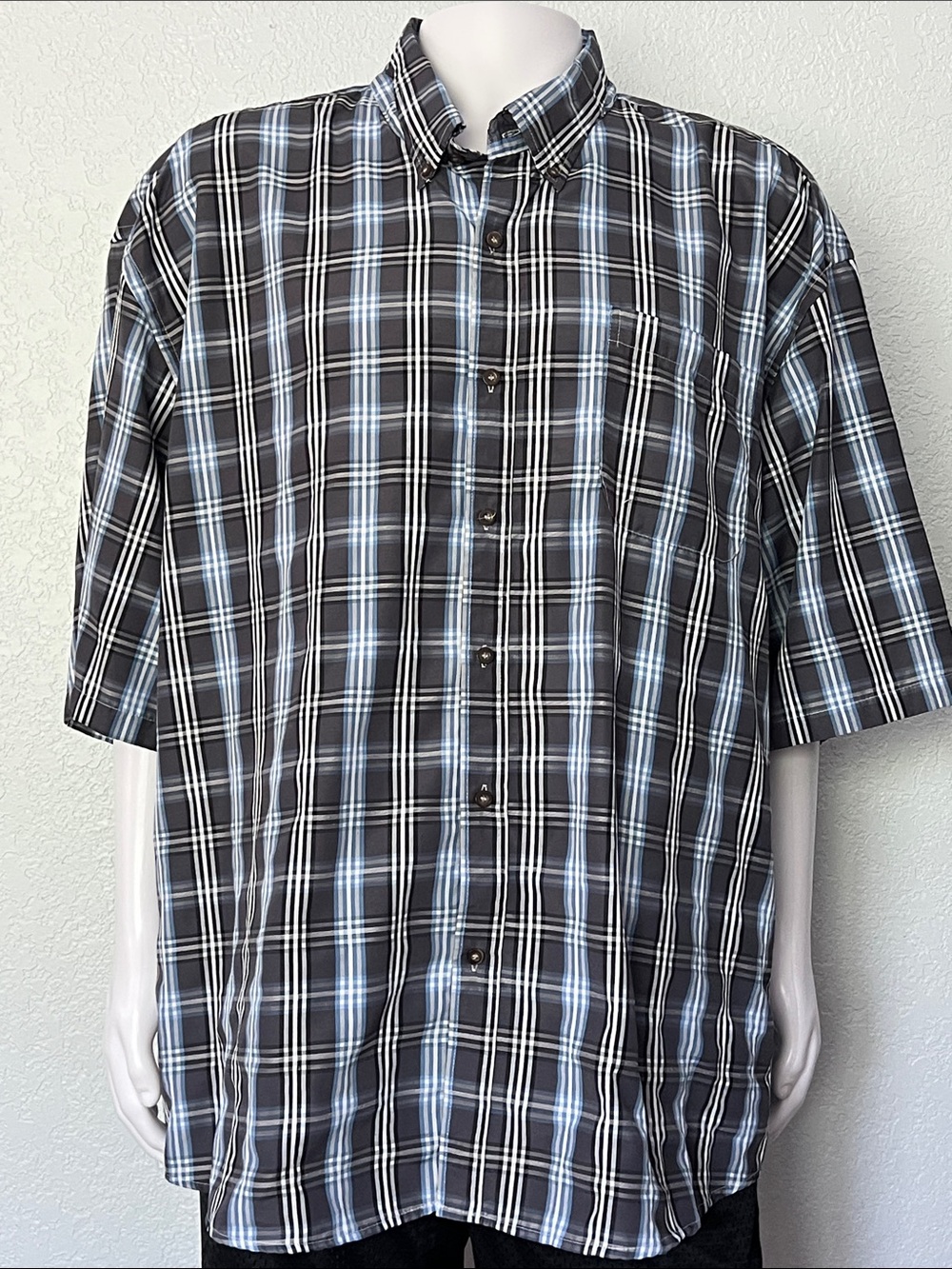 Mens 4XL Plaid Button Down Shirt Short Sleeve Blue Gray Walnut Creek Big Tall